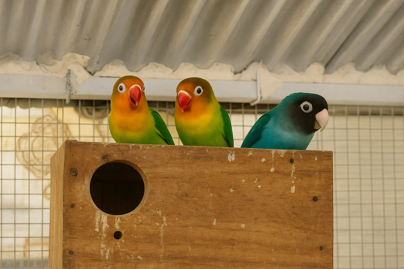 Lovebirds perched on their nest boxes in the cage Lovebirds sitting on wooden nest boxes